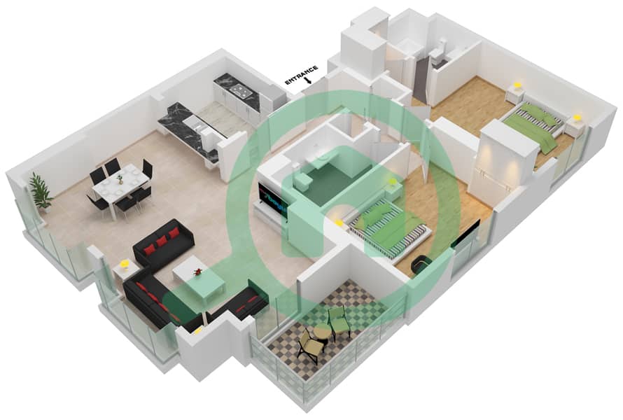 Резиденсес - Апартамент 2 Cпальни планировка Тип A interactive3D