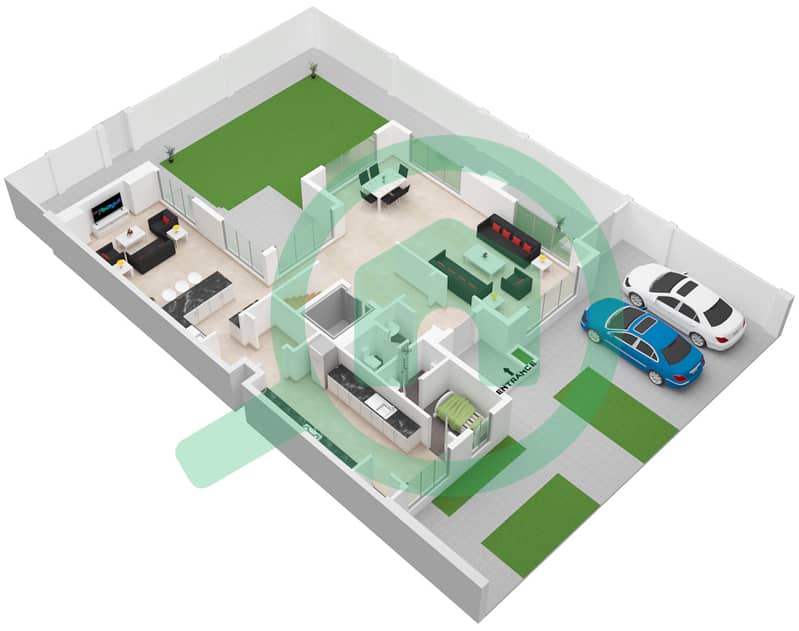 المخططات الطابقية لتصميم النموذج / الوحدة C فیلا 4 غرف نوم - مدينة الشارقة المستدامة Ground Floor interactive3D