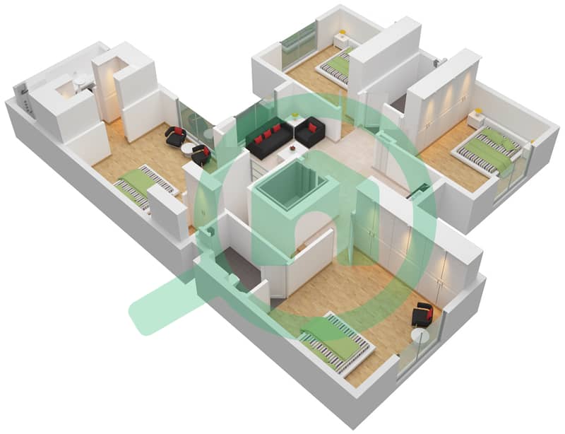 المخططات الطابقية لتصميم النموذج / الوحدة C1 فیلا 4 غرف نوم - مدينة الشارقة المستدامة First Floor interactive3D