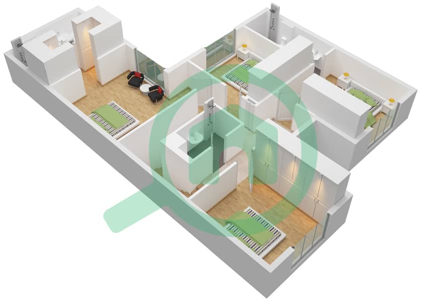 المخططات الطابقية لتصميم النموذج / الوحدة 0C فیلا 4 غرف نوم - مدينة الشارقة المستدامة First Floor interactive3D