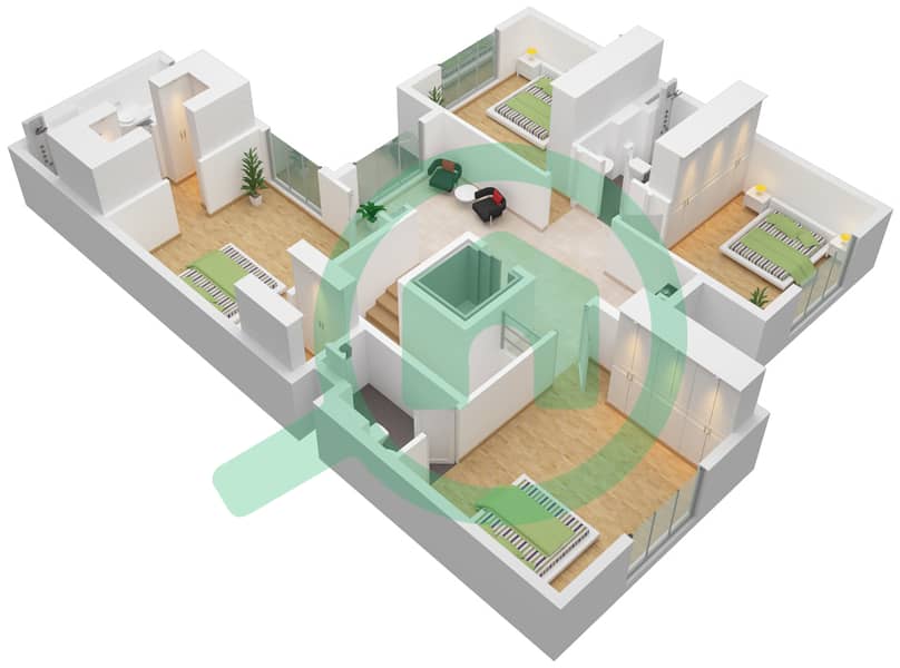 المخططات الطابقية لتصميم النموذج / الوحدة 0D فیلا 4 غرف نوم - مدينة الشارقة المستدامة First Floor interactive3D