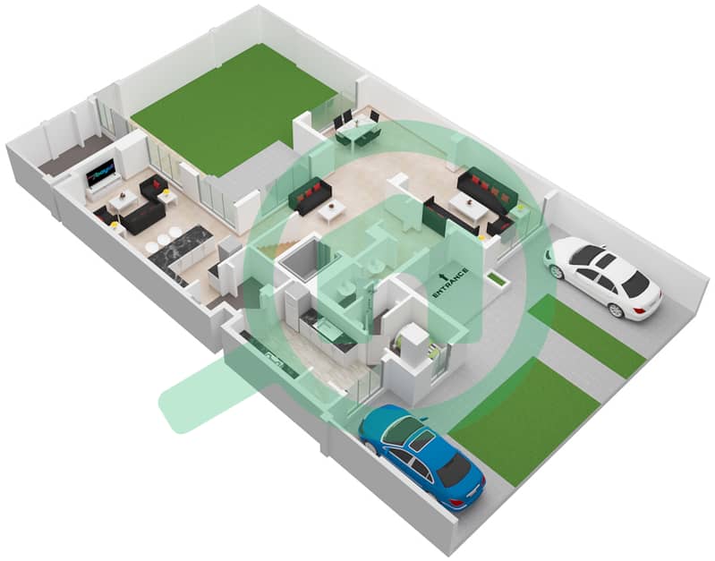 المخططات الطابقية لتصميم النموذج / الوحدة E فیلا 4 غرف نوم - مدينة الشارقة المستدامة Ground Floor interactive3D
