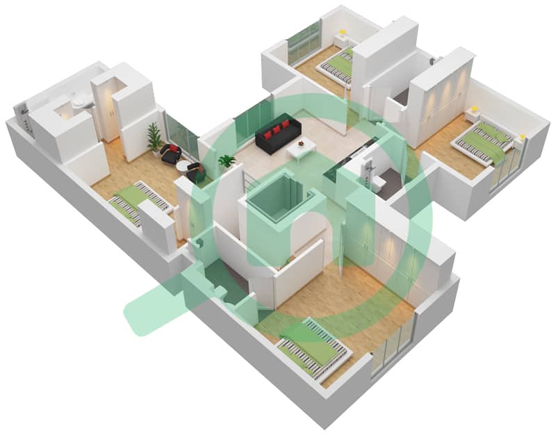 المخططات الطابقية لتصميم النموذج / الوحدة E فیلا 4 غرف نوم - مدينة الشارقة المستدامة First Floor interactive3D
