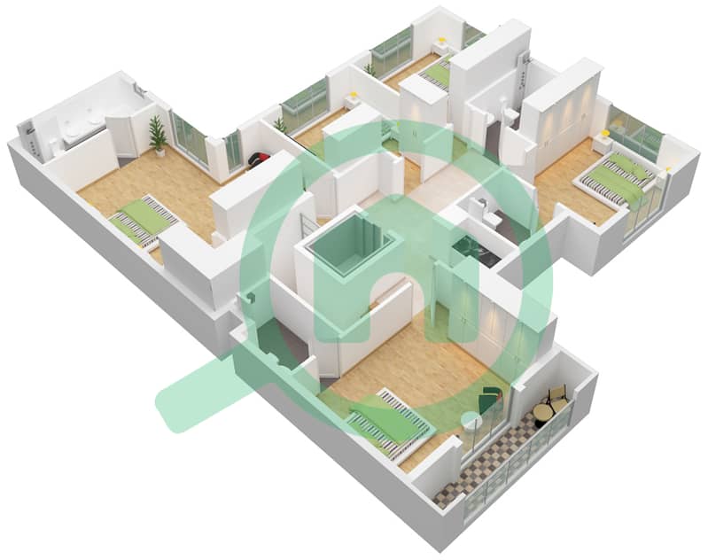 المخططات الطابقية لتصميم النموذج / الوحدة 0D فیلا 5 غرف نوم - مدينة الشارقة المستدامة First Floor interactive3D