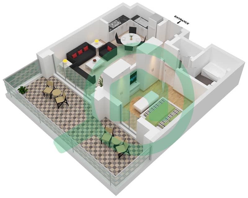 公园广场2号大楼 - 1 卧室公寓类型／单位01-04戶型图 interactive3D