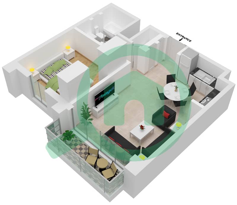 公园广场2号大楼 - 1 卧室公寓类型／单位01-04,06,07戶型图 interactive3D
