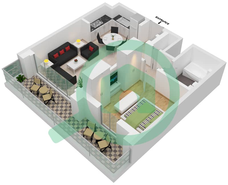 المخططات الطابقية لتصميم النموذج / الوحدة 01-05, شقة 1 غرفة نوم - بناية بارك فيلد 2 interactive3D