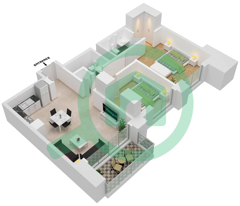 المخططات الطابقية لتصميم النموذج / الوحدة 01-07. شقة 2 غرفة نوم - بناية بارك فيلد 2 interactive3D