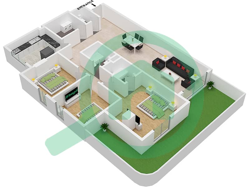 المخططات الطابقية لتصميم النموذج B شقة 3 غرف نوم - مردف هيلز interactive3D