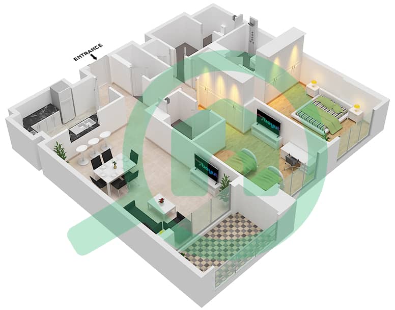 المخططات الطابقية لتصميم الوحدة 2 شقة 2 غرفة نوم - برج بلفيو 1 interactive3D