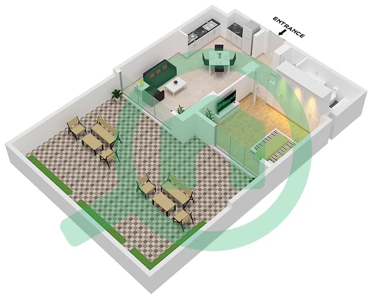 المخططات الطابقية لتصميم النموذج A شقة 1 غرفة نوم - شقق وردة 2 interactive3D