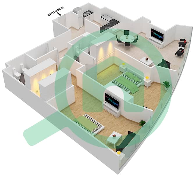 المخططات الطابقية لتصميم التصميم 2 شقة 2 غرفة نوم - برج صن interactive3D