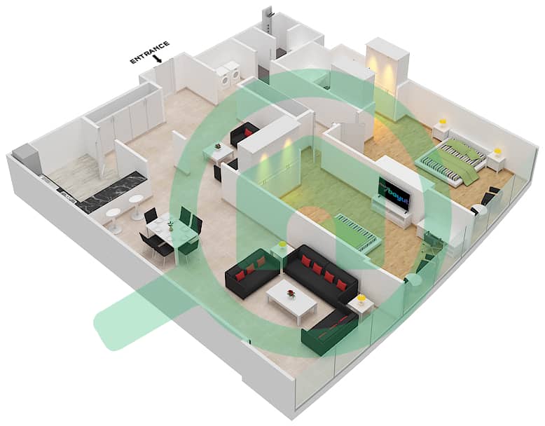 المخططات الطابقية لتصميم التصميم 3 شقة 2 غرفة نوم - برج صن interactive3D