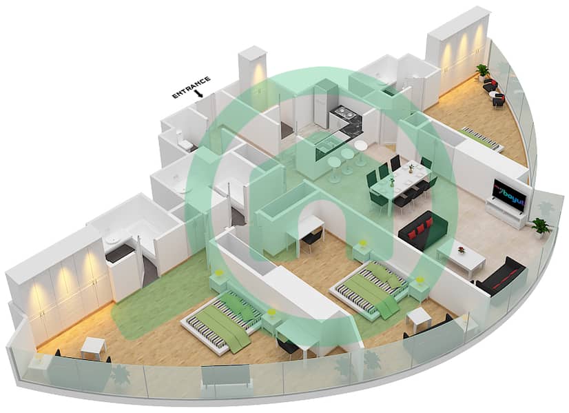 Sun Tower - 3 Bedroom Apartment Suite 01 Floor plan interactive3D