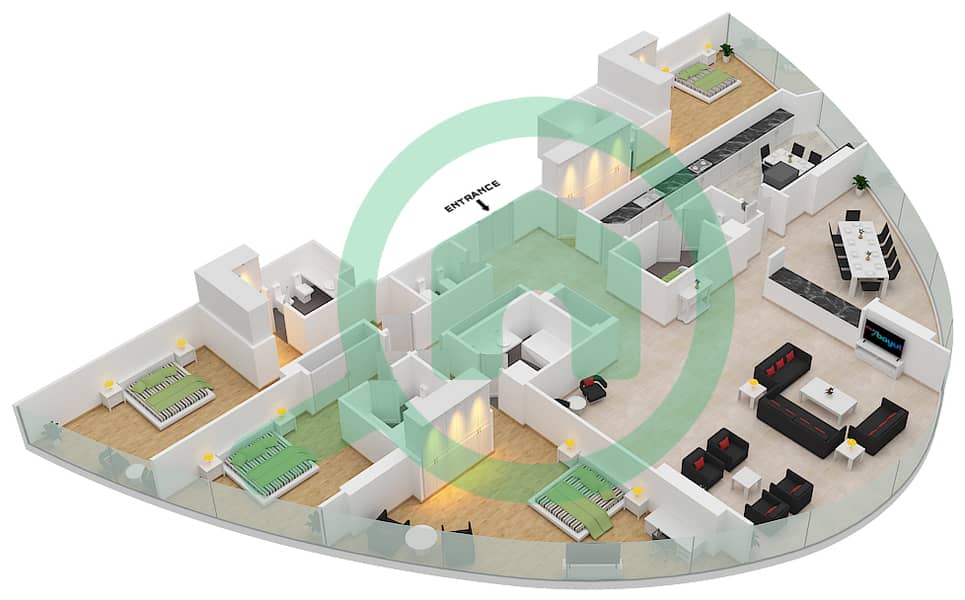 المخططات الطابقية لتصميم التصميم 1,3 بنتهاوس 4 غرف نوم - برج صن interactive3D