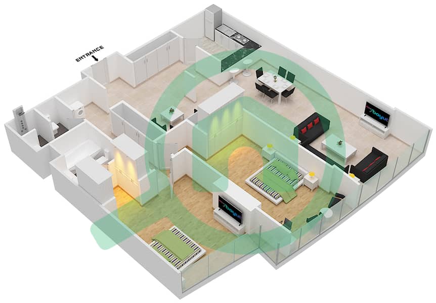 المخططات الطابقية لتصميم التصميم 4 شقة 2 غرفة نوم - برج صن interactive3D