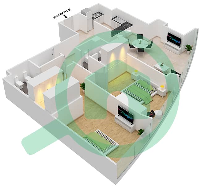 Солнечная Тауэр - Апартамент 2 Cпальни планировка Гарнитур, анфилиада комнат, апартаменты, подходящий 2,5,7,10 interactive3D