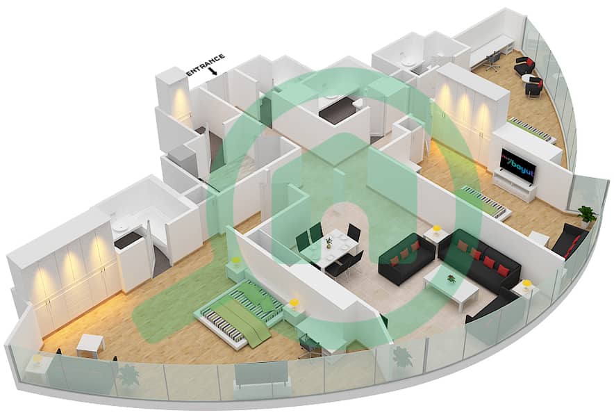المخططات الطابقية لتصميم التصميم 6 شقة 3 غرف نوم - برج صن interactive3D