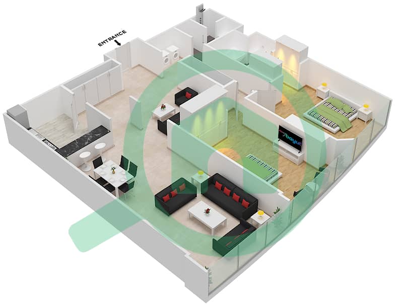 المخططات الطابقية لتصميم التصميم 3,4,8,9 شقة 2 غرفة نوم - برج صن interactive3D