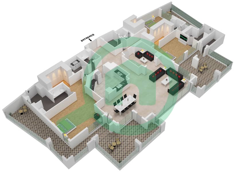المخططات الطابقية لتصميم النموذج A- شقة 3 غرف نوم - مارينا ريزيدنسز 1 interactive3D
