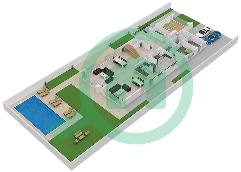 المخططات الطابقية لتصميم الوحدة UNIT-LVD-1B تاون هاوس 6 غرف نوم - كوستا برافا Ground Floor interactive3D