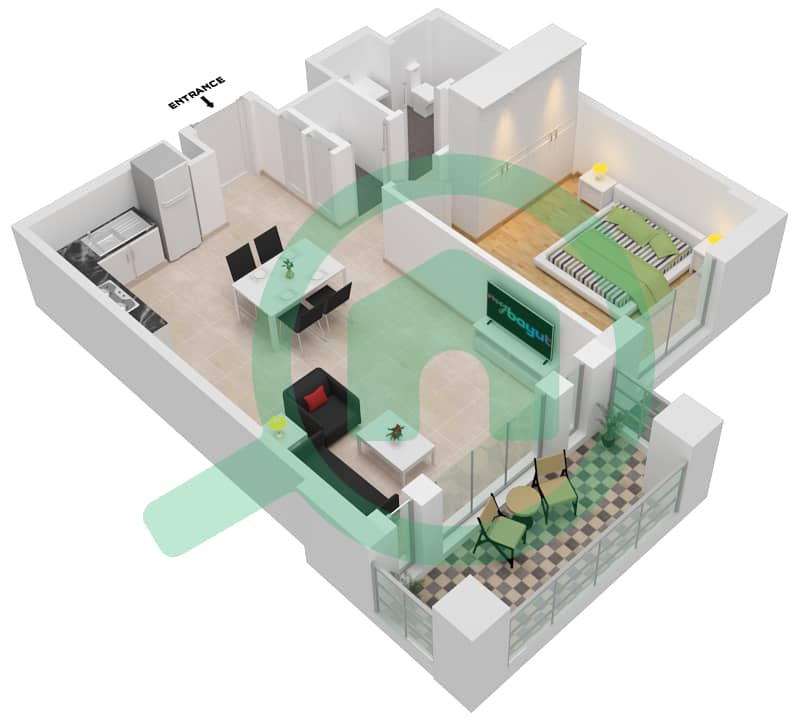 المخططات الطابقية لتصميم النموذج / الوحدة TYPE A UNIT 4 شقة 1 غرفة نوم - مبنى لامتارا 1 Floor 1 interactive3D