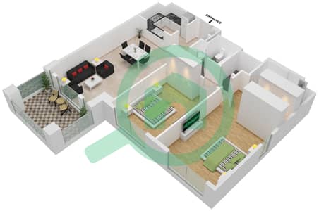 المخططات الطابقية لتصميم النموذج / الوحدة TYPE A1 UNIT 1 شقة 2 غرفة نوم - مبنى لامتارا 1