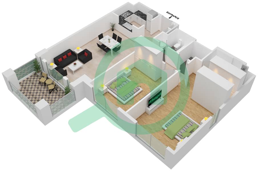 المخططات الطابقية لتصميم النموذج / الوحدة TYPE A1 UNIT 1 شقة 2 غرفة نوم - مبنى لامتارا 1 Floor 1 interactive3D