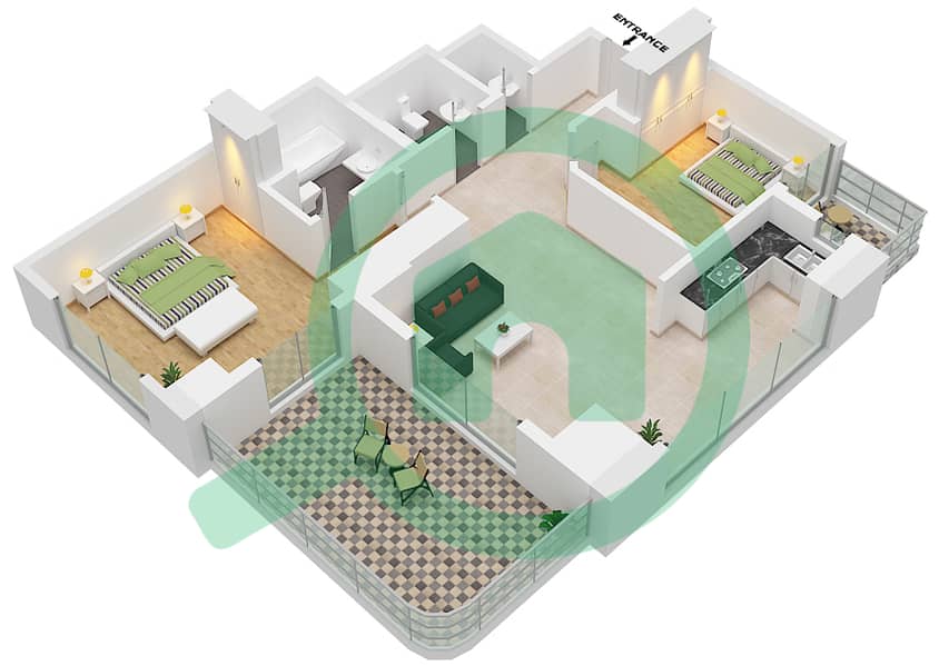المخططات الطابقية لتصميم الوحدة 01 شقة 2 غرفة نوم - ذا رويال أوشيانيك interactive3D