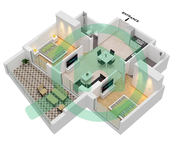 Авеню Бингхатти - Апартамент 2 Cпальни планировка Тип PREMIUM interactive3D