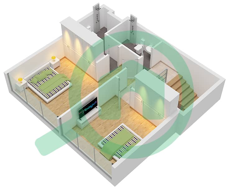 Binghatti Avenue - 3 Bedroom Apartment Type GARDEN TOWN Floor plan UPPER FLOOR interactive3D