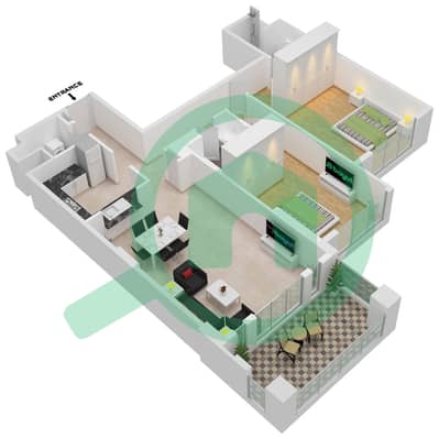 المخططات الطابقية لتصميم النموذج / الوحدة TYPE B UNIT 2 شقة 2 غرفة نوم - مبنى لامتارا 1