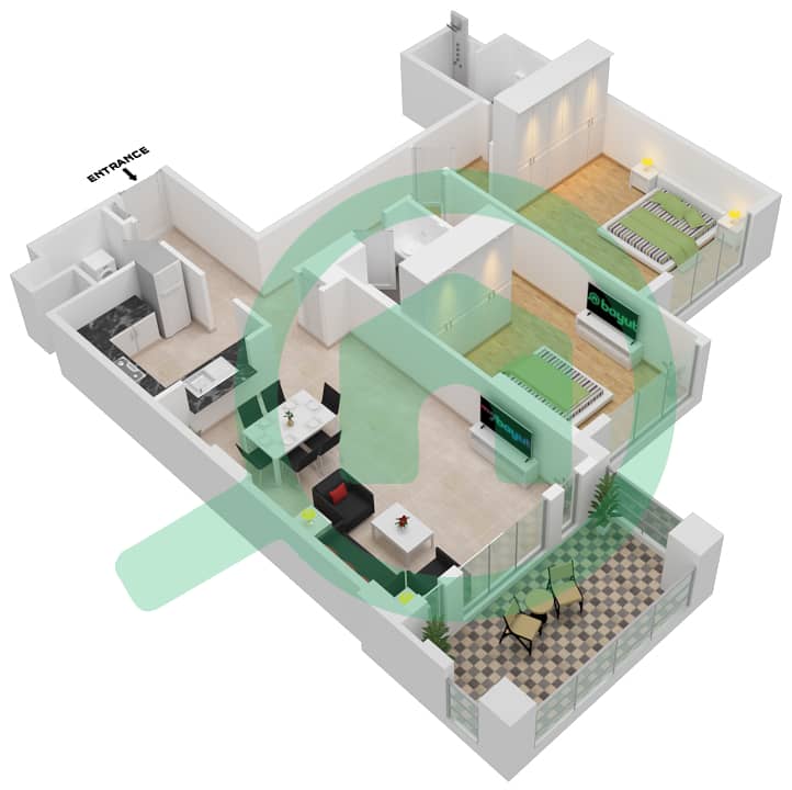 المخططات الطابقية لتصميم النموذج / الوحدة TYPE B UNIT 2 شقة 2 غرفة نوم - مبنى لامتارا 1 Floor 1 interactive3D
