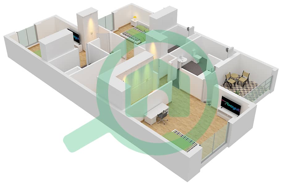 Murooj Al Furjan - 3 Bedroom Townhouse Type/unit A / MIDDLE UNIT Floor plan FIRST FLOOR interactive3D