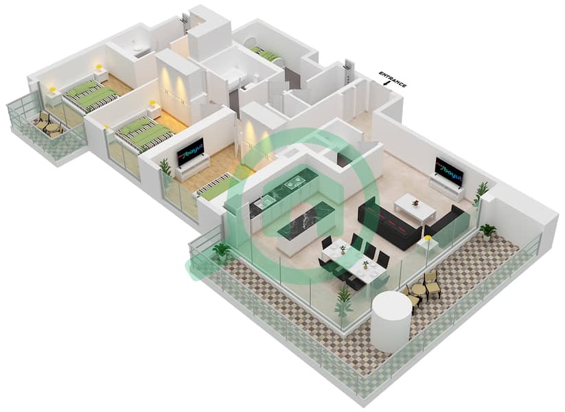 المخططات الطابقية لتصميم النموذج 2 شقة 3 غرف نوم - بيتش آيل interactive3D