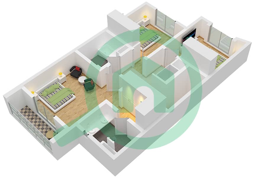 阿尔扎希亚 - 3 卧室联排别墅单位MIDDLE戶型图 FIRST FLOOR interactive3D
