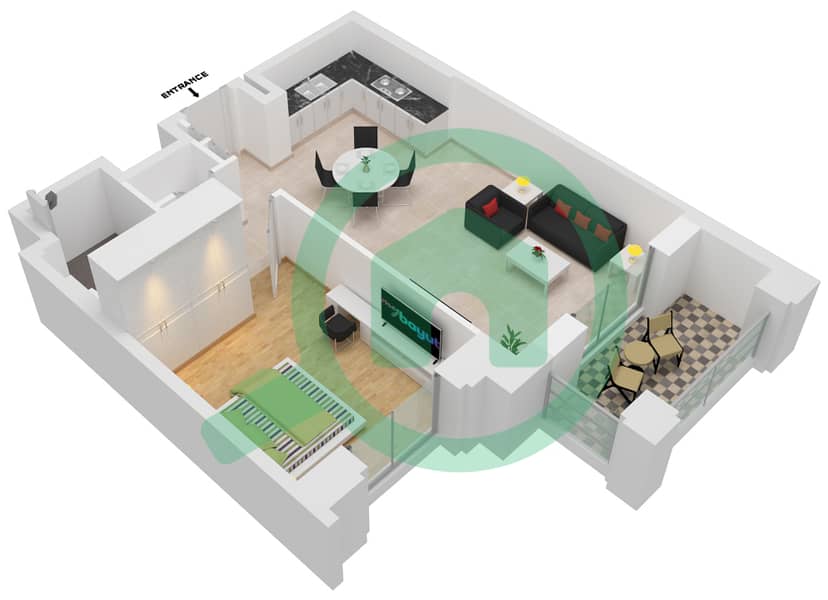 المخططات الطابقية لتصميم النموذج / الوحدة A1/104-204-304 شقة 1 غرفة نوم - بناية لماع 2 Floor 1-5 interactive3D