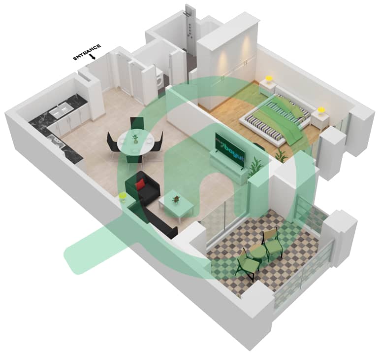 المخططات الطابقية لتصميم النموذج / الوحدة B1/104-204-304 شقة 1 غرفة نوم - بناية لماع 2 Floor 1-5 interactive3D