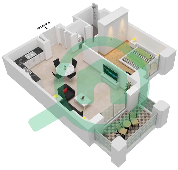 المخططات الطابقية لتصميم النموذج / الوحدة A1/109-110,209-210 شقة 1 غرفة نوم - بناية لماع 2 Floor 1-5 interactive3D