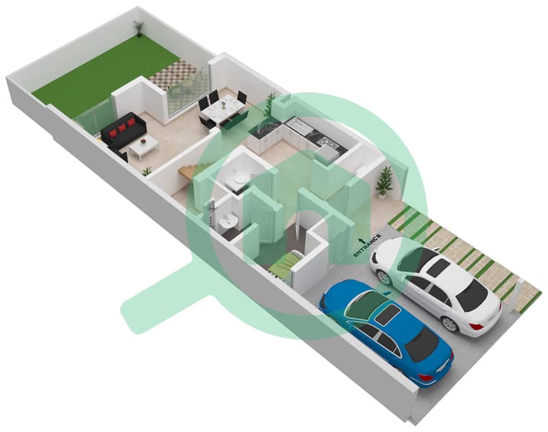 المخططات الطابقية لتصميم النموذج A تاون هاوس 3 غرف نوم - اِيلان Ground Floor interactive3D