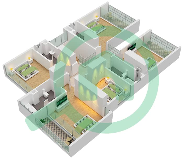 المخططات الطابقية لتصميم النموذج V3 فیلا 6 غرف نوم - اكونا First Floor interactive3D
