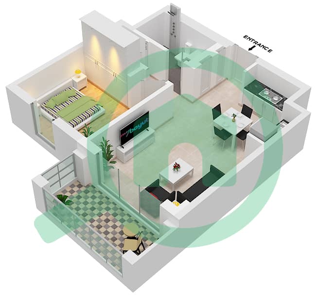 Лето - Апартамент 1 Спальня планировка Единица измерения 202,302-LEVEL 2,3 interactive3D