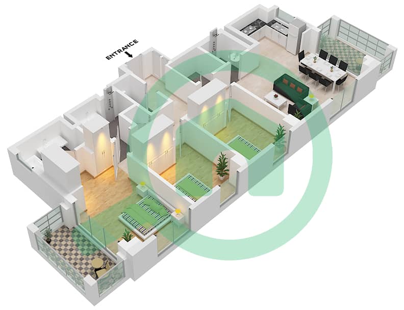Лето - Апартамент 3 Cпальни планировка Единица измерения 208-308-LEVEL 2,3 interactive3D