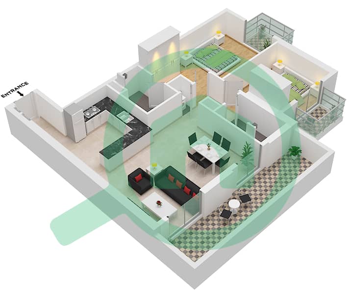 贝尔格莱维亚1号大楼 - 2 卧室公寓类型2B戶型图 interactive3D