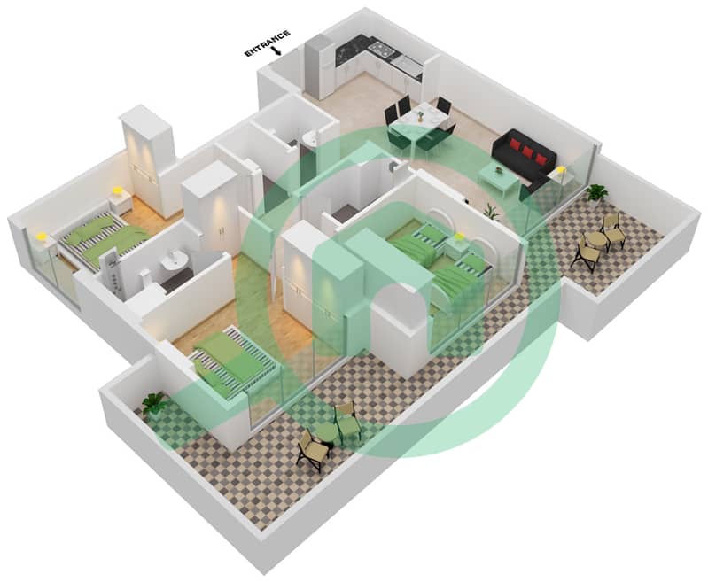 المخططات الطابقية لتصميم الوحدة 02 FLOOR 1 شقة 3 غرف نوم - عزيزي ريفييرا 24 1st Floor interactive3D