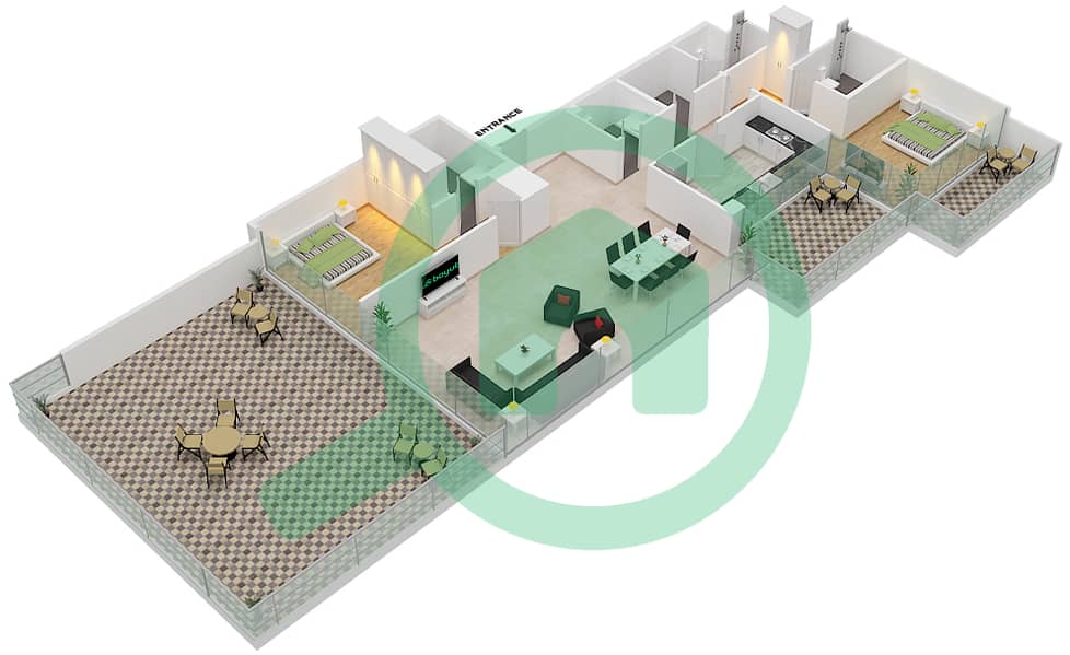 المخططات الطابقية لتصميم الوحدة 09  FLOOR 7 شقة 2 غرفة نوم - لوريتو 1B Floor 7 interactive3D