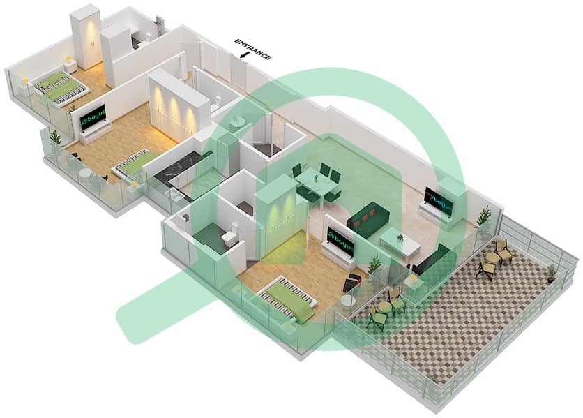 المخططات الطابقية لتصميم الوحدة 01  FLOOR 8-9 شقة 3 غرف نوم - لوريتو 1B Floor 8-9 interactive3D