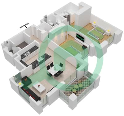 المخططات الطابقية لتصميم النموذج / الوحدة B1/102 شقة 2 غرفة نوم - بناية لماع 2