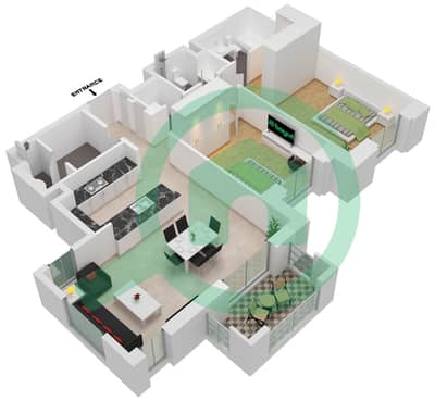 المخططات الطابقية لتصميم النموذج / الوحدة B1/402-502 شقة 2 غرفة نوم - بناية لماع 2