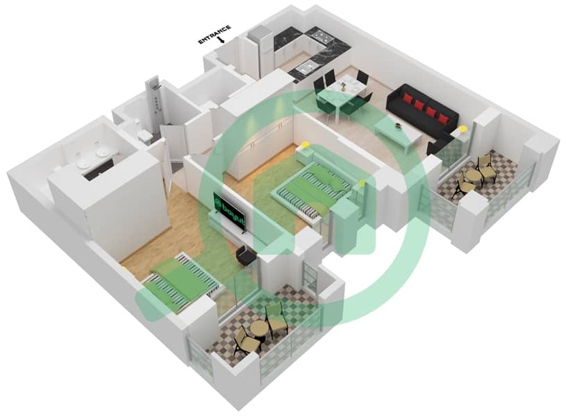 المخططات الطابقية لتصميم النموذج / الوحدة A6/405-505 شقة 2 غرفة نوم - بناية لماع 2 Floor 4-5 interactive3D